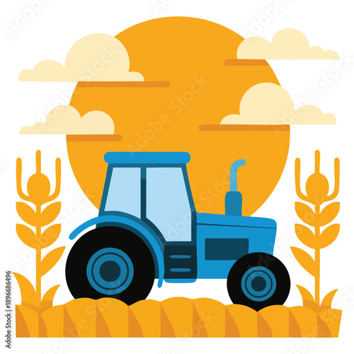 Agriculture concept vector illustration showing blue tractor on orange farmland with wheat and sunset in flat cartoon style for poster banner postcard greeting card