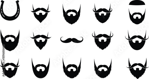 Collection of black silhouette facial hair icons featuring various beard styles mustache shapes and grooming silhouettes isolated on white background for men's fashion design