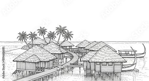 Hand-Drawn Floating Villas on Greens Screen Background, Tropical Paradise, Serene Environment