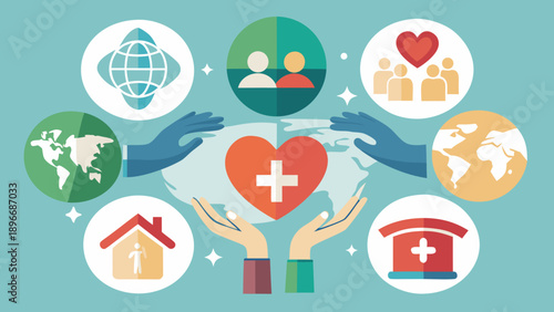 Global Healthcare and Humanitarian Aid Concept Illustration with Icons of Shelter, Family, and Medical Care.