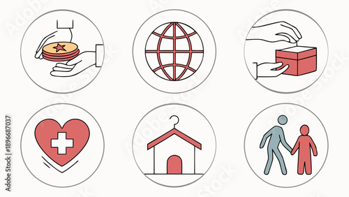 Set of Charity and Donation Line Icons Featuring Money, Global Help, Food, Medicine, and Housing.
