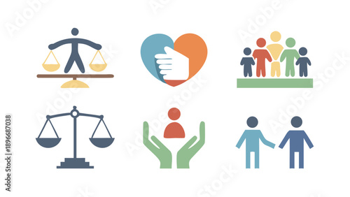 Human Rights and Social Justice Icon Set with Scales of Justice, Protection, and Diversity Symbols.