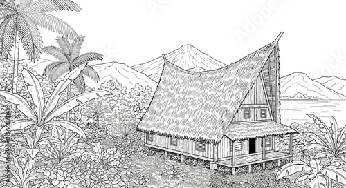 Explore Traditional Architecture of a Tropical House on Greens Screen Background in Lush Nature Settings