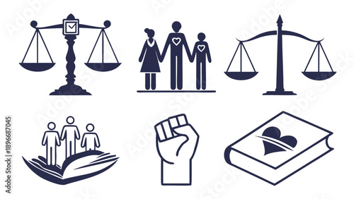 Social Justice and Legal Advocacy Silhouette Icons with Scales, Family Bond, Education, and Protest Fist.