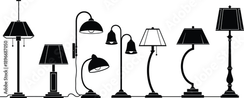 Modern and Vintage Table Lamp Silhouette Set on White Background for Interior Design Elements Home Decor Lighting Furniture Catalog Minimalist Vector Graphic Illustration