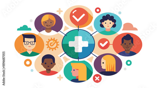 Healthcare Community Network with Diverse People Avatars and Medical Symbols