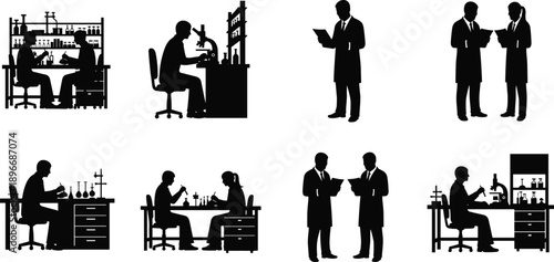 Professional silhouettes showing business people and scientists working, meeting and analyzing data in laboratory and corporate environments, isolated black figures for teamwork and research concepts