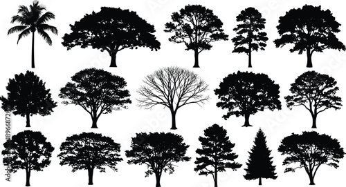 Tree silhouettes collection featuring diverse forest and tropical tree shapes, nature illustration set, botanical design elements isolated on white background vector artwork bundle