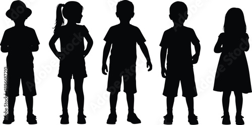 Set of Five Black Silhouettes of Young Children Standing in a Row Isolated on White Background for Childhood Education Diversity Community and School Youth Concept