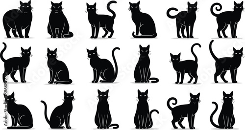Vector set of black cat silhouettes in various poses including standing sitting and walking for halloween decorations feline pet animal and nature design