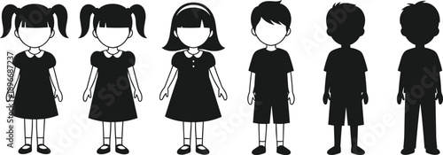 Vector set of diverse children silhouettes and outlines featuring young girls in dresses and boys in t-shirts for school avatars and community design
