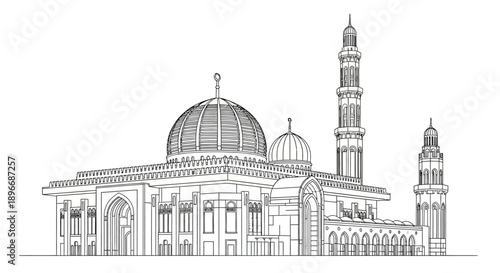 Architectural Drawing of a Mosque on Greens Screen Background in a Detailed Style