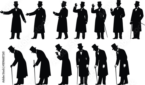 Victorian Gentleman Silhouette Set Featuring Men in Top Hats and Long Coats with Walking Sticks for Retro Vintage Design Steampunk Projects and Historical Graphic Elements