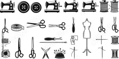 Vintage Tailor Sewing Machine and Equipment Icon Set with Scissors Thread Buttons Tape Measure and Mannequin for Dressmaking Craft Fashion Design Elements Vector Illustration