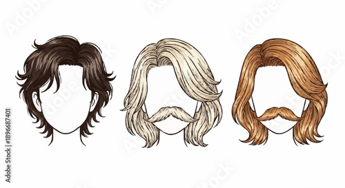 Illustration of three different hairstyles with varying hair colors and styles on white female faces from a frontal viewpoint