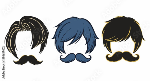 Illustration of three male heads with distinct hairstyles and mustaches viewed from the front