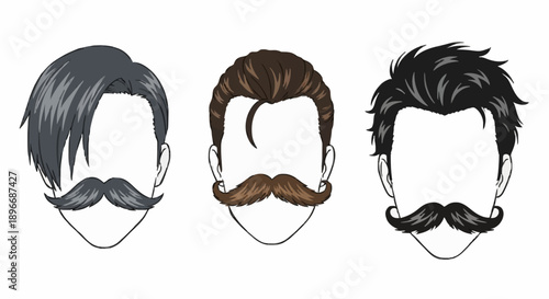 Illustration of three men's hairstyles and mustaches from different styles and colors shown from the front view