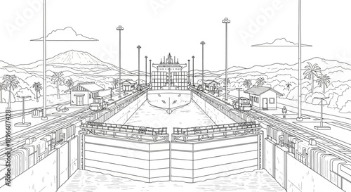 Illustration of a Ship in a Canal Lock on Greens Screen Background with Scenic Mountains and Towns