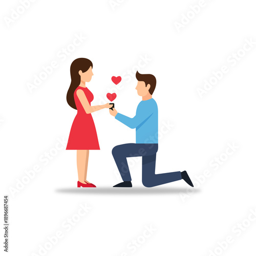 Romantic flat illustration of a man proposing to a woman on his knees while holding a ring,