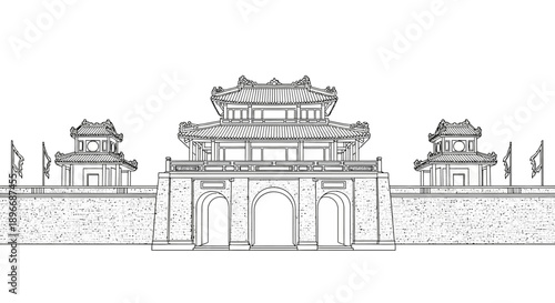 Historical Architecture Drawing of a Fortified Gate on Greens Screen Background
