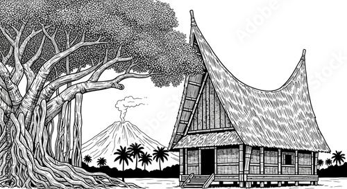 Exploring Traditional Architecture, Volcanic Landscape, Tropical Setting - Illustration on Green Screen Background