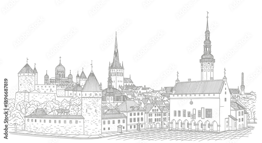 Fototapeta premium Historic Cityscape, Architectural Marvels, Medieval Ambiance, Illustration on Greens Screen Background