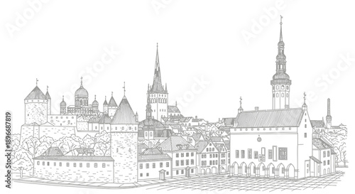 Historic Cityscape, Architectural Marvels, Medieval Ambiance, Illustration on Greens Screen Background