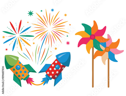 Bright celebration set with fireworks salute flags and pinwheels illustrated isolated on white background perfect for festive event designs