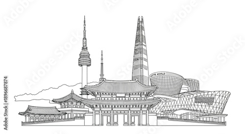 Seoul Landmarks on Greens Screen Background, Architectural Illustration, Cityscape View
