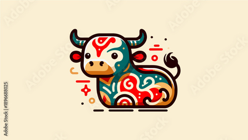 Cute Decorative Bull Illustration - Taurus Zodiac Sign with Ornamental Patterns