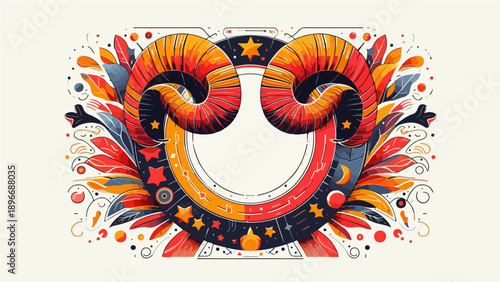 Ornate Aries Zodiac Frame with Majestic Ram Horns and Celestial Elements