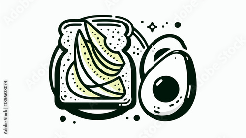 Minimalist Avocado Toast on Plate with Sliced Avocado Fruit Illustration