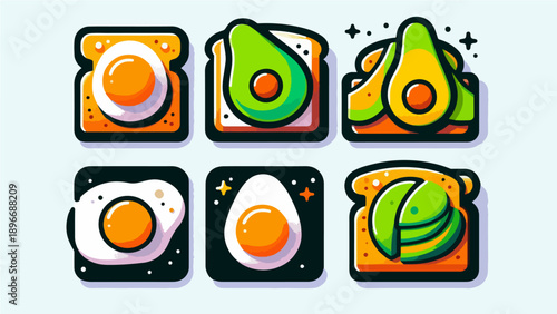 Minimalist Kawaii Breakfast Illustration: Fried Eggs and Avocado Toast Icons