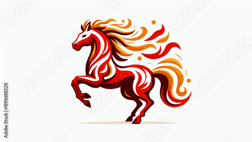 Dynamic Red Fire Horse Illustration: Majestic Stallion with Flaming Mane and Tail