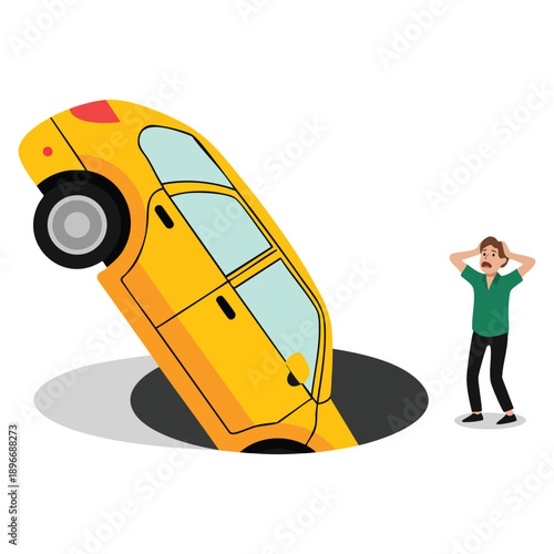 Car falling into pit on road illustrated in vector style showing pothole road damage danger on highway and vehicle risk concept