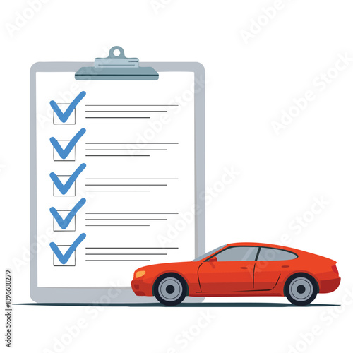 Car insurance document report paper agreement checklist loan checkmarks form approved with automobile icon vehicle financial car dealership legal illustration concept