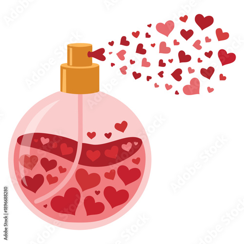 Card illustration featuring perfume with hearts inside in vector illustration style, perfect for love themes, romantic branding, and decorative design projects