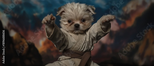 Adorable fluffy puppy in a light-colored robe and brown belt, striking a powerful pose with both paws raised against a blurred background