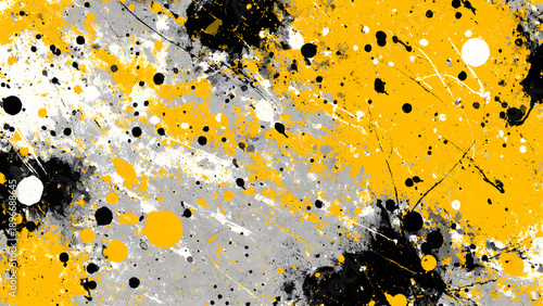 Splatter paint grunge abstract in black, yellow, and white with artistic texture. Perfect for background designs, posters, and artistic projects.