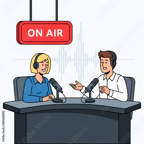 Man and woman hosting radio show or podcast interview in modern studio with on air sign