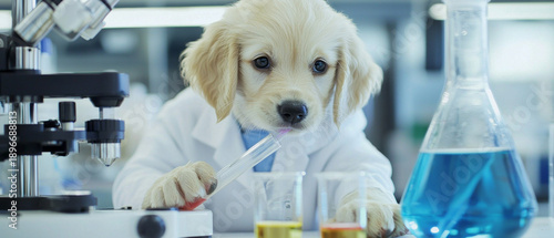 Adorable golden retriever puppy in lab coat, holding a test tube and conducting experiments in a science lab with various glassware