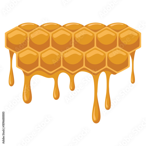 Cartoon vector graphic of honeycomb with flowing honey perfect for food illustration dessert packaging natural sweetness and beekeeping themed visuals