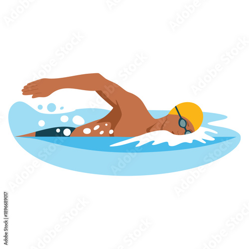 Cartoon vector illustration of swimmer in action with goggles and swimming cap showing water splashes athleticism sports fitness and swimming motion concept