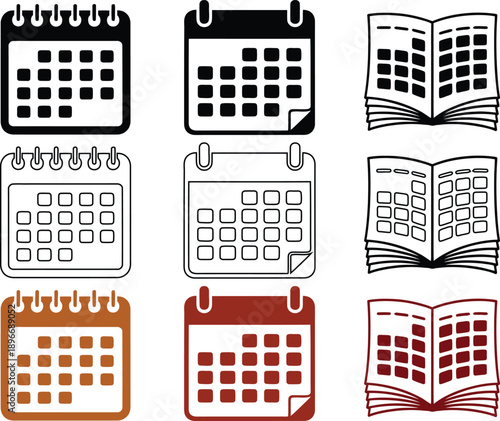 Diverse calendar including open book formats and solid grid in various colors
