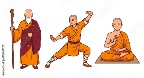 Illustration of three monks in traditional orange robes practicing martial arts and meditation in separate poses