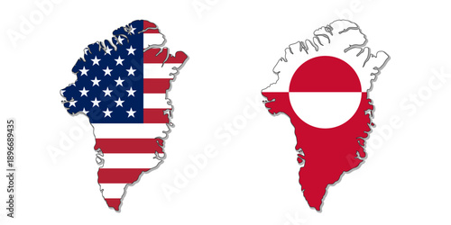 Greenland map filled with the United States flag and with the Greenland flag. Isolated vector illustration on white background