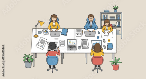 Office Workers at Shared Desk.