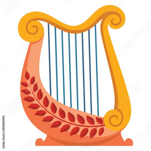 Classical antique Greek lyre with leaf decoration musical string instrument from ancient Greece hand drawn cartoon symbol of theater culture opera orchestra mythology god Apollo