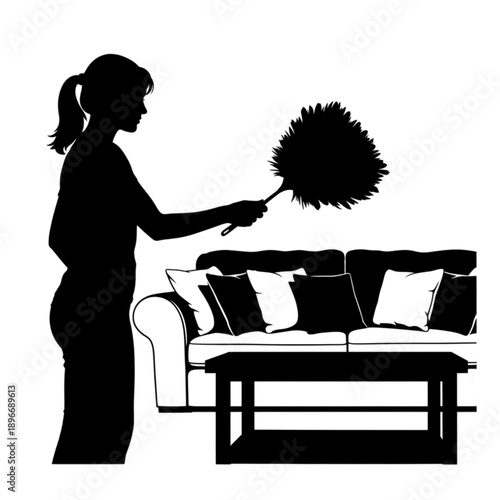 Woman cleaning with duster tool isolated on transparent background.