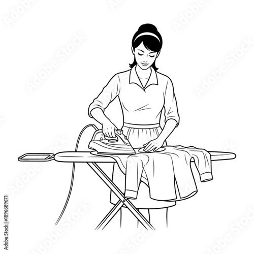Woman ironing clothes on ironing board isolated on transparent background.